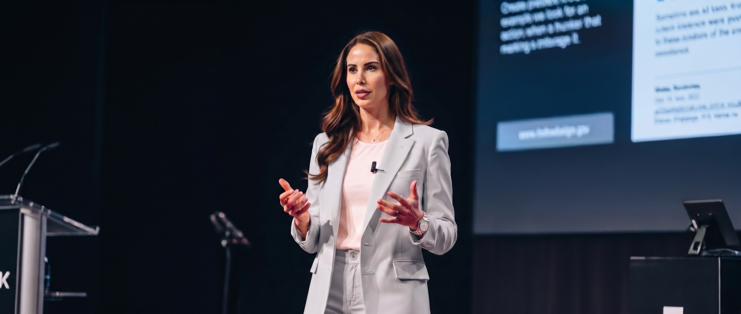 Dr. Sarah Saska speaking on stage